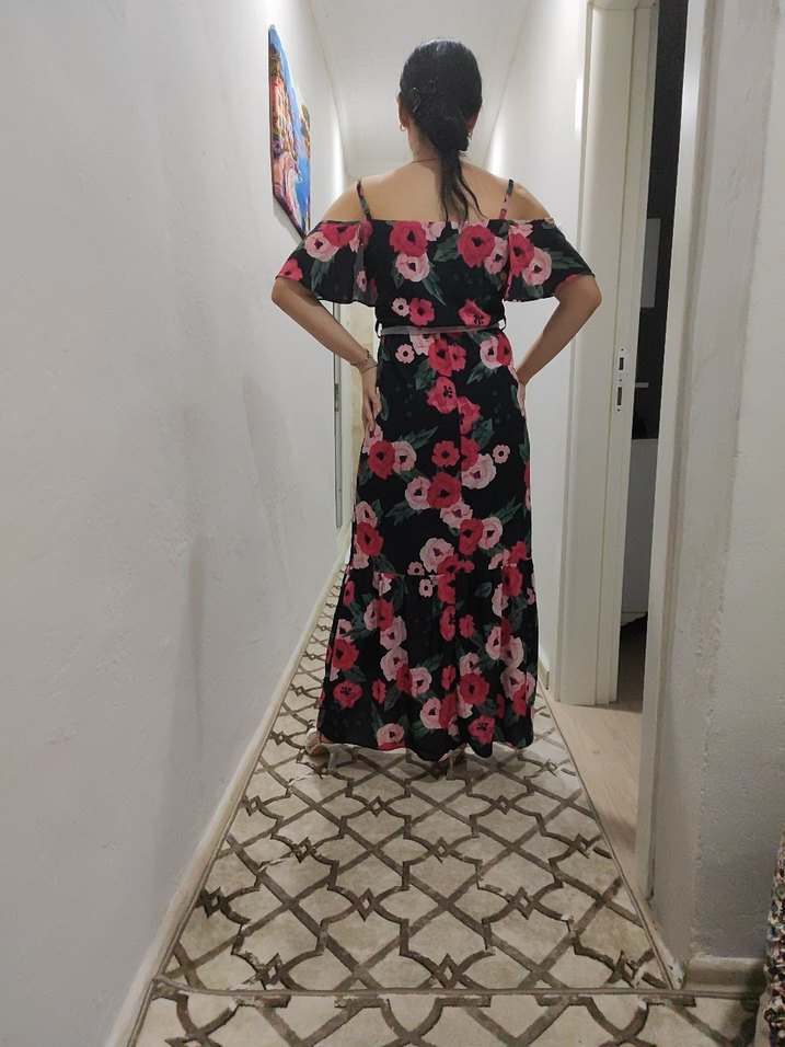 Çiçek Desenli Siyah Bohem Uzun Elbise - Görsel 2