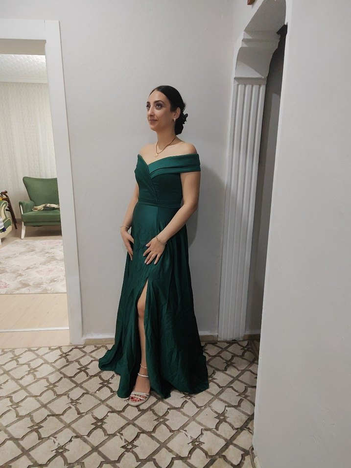 Yeşil Parlak Uzun Drapeli Abiye Elbise - Görsel 2