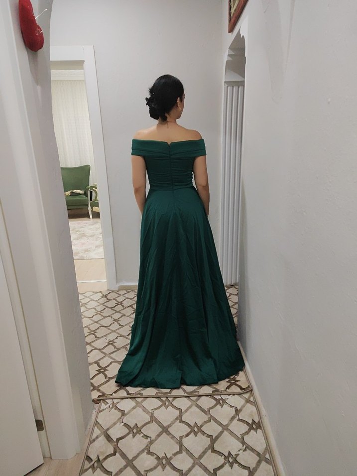 Yeşil Parlak Uzun Drapeli Abiye Elbise - Görsel 3