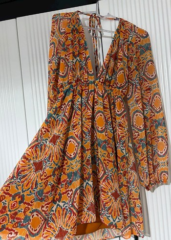 Bohem Çok Renkli Uzun Kollu V Yaka Elbise - Görsel 3