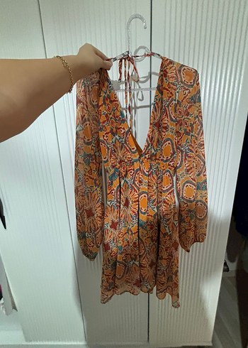 Bohem Çok Renkli Uzun Kollu V Yaka Elbise - Görsel 2