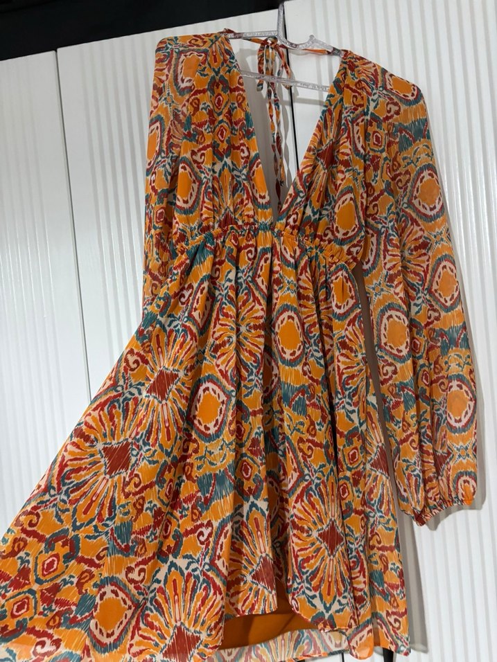 Bohem Çok Renkli Uzun Kollu V Yaka Elbise - Görsel 3