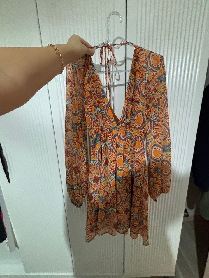 Bohem Çok Renkli Uzun Kollu V Yaka Elbise - Görsel 2