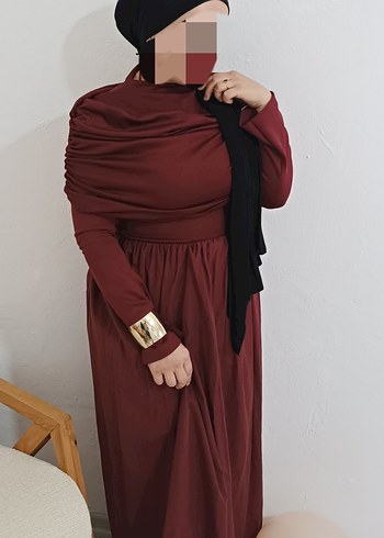 Bordo Uzun Drapeli Kadın Elbise - Görsel 4