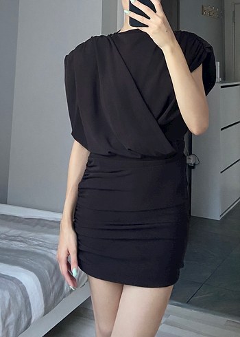 Drapeli Koyu Kahverengi Mini Elbise - Görsel 2