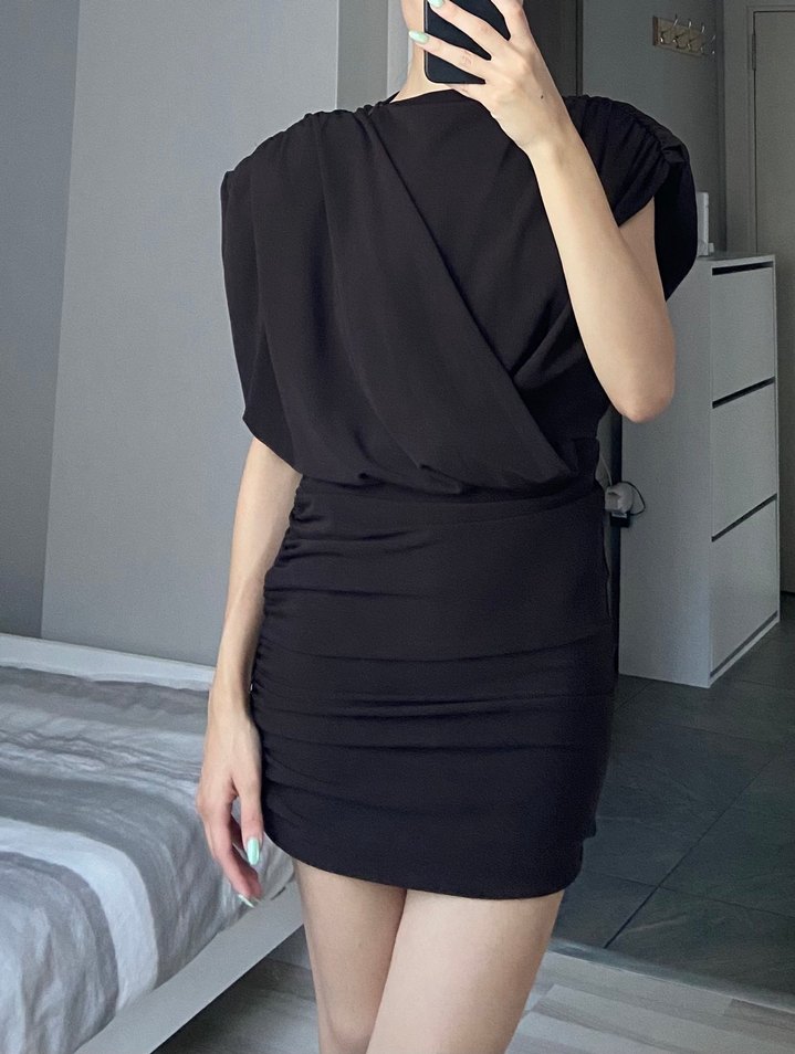 Drapeli Koyu Kahverengi Mini Elbise - Görsel 2