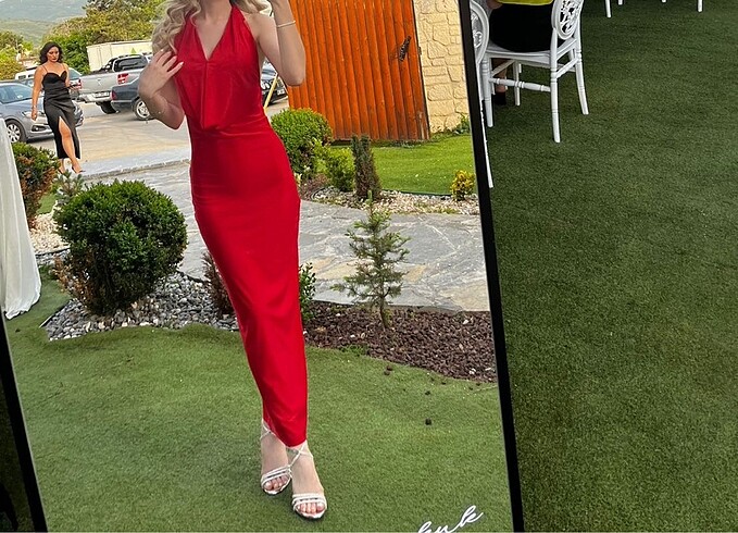 xs Beden Zara kırmızı drapeli halter yaka elbise