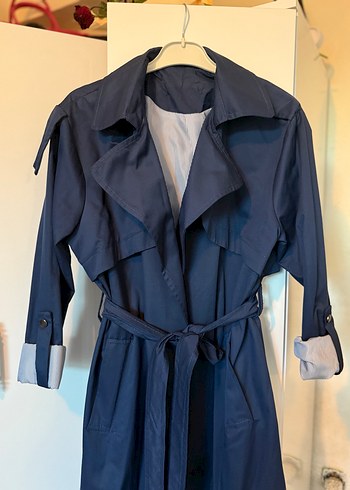 Lacivert Kadın Uzun Kemerli Trençkot - Görsel 2