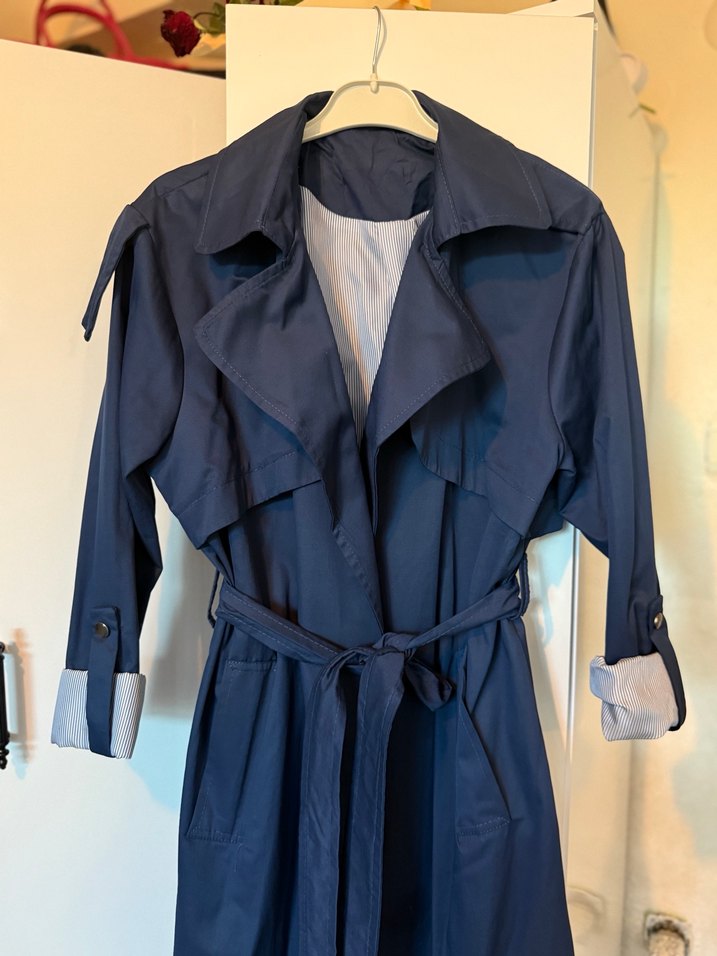 Lacivert Kadın Uzun Kemerli Trençkot - Görsel 2