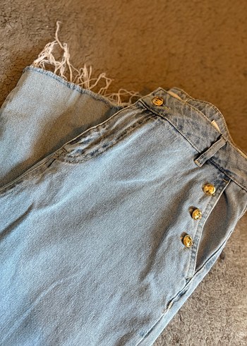 Düğmeli Mavi Midi Denim Jean - Görsel 3