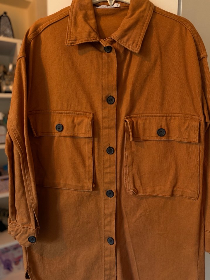 Düğmeli Kahverengi Kadın Keten Gömlek - Görsel 2