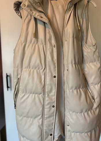 Bej Deri Kapüşonlu Düğmeli Kadın Yelek - Görsel 3