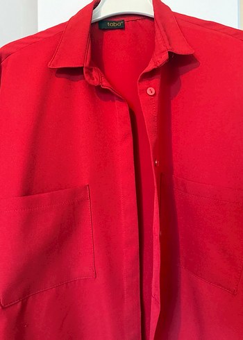 Düğmeli Kırmızı Uzun Kollu Kadın Gömlek - Görsel 2