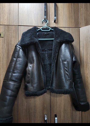 Crop Biker Deri Ceket Kahverengi