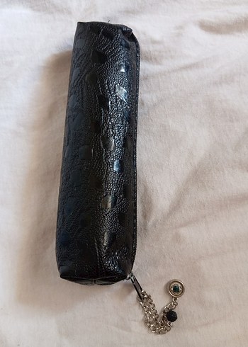 Siyah Yılan Desenli Fermuarlı Deri Clutch kalemlik
