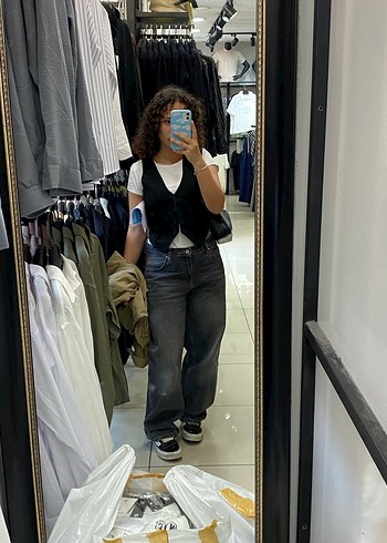 Gri kadın baggy jean pantolon