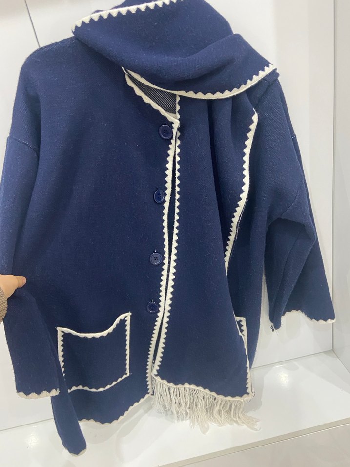 Püsküllü Nakışlı Kısa Lacivert Kadın Kaban atkılı ceket - Görsel 3