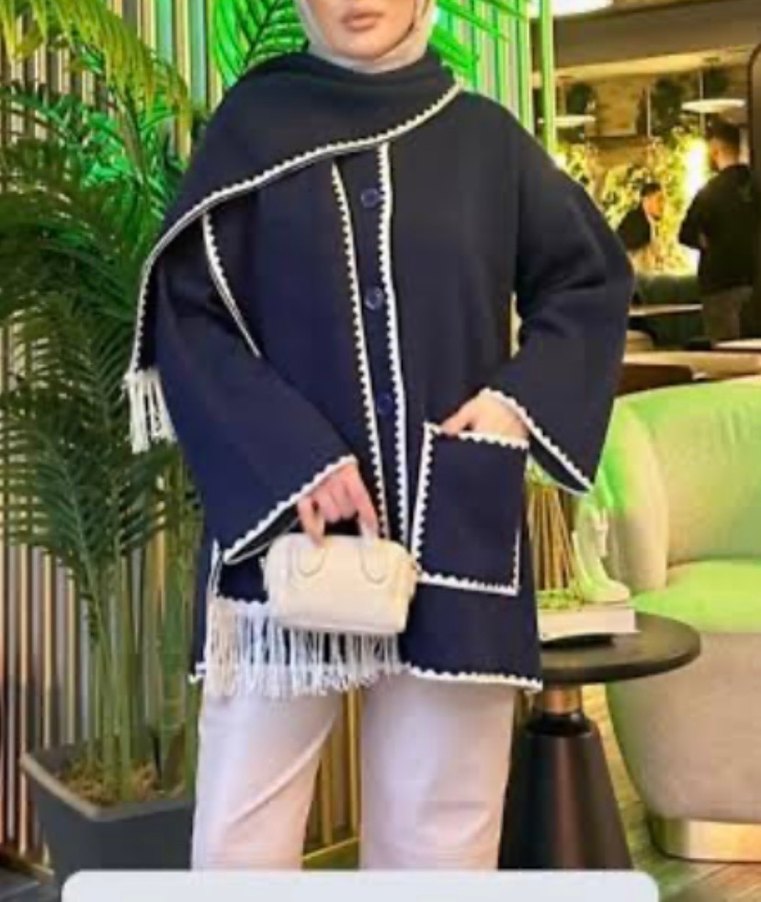 Püsküllü Nakışlı Kısa Lacivert Kadın Kaban atkılı ceket - Görsel 2