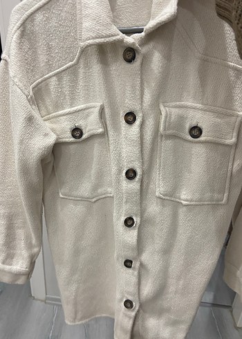 Düğmeli Beyaz Kadın Midi Ceket gömlek - Görsel 4