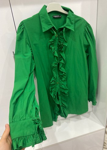 Fırfırlı Yeşil Kadın Keten Gömlek tesettür - Görsel 2