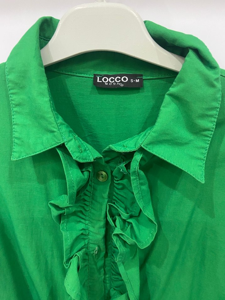 Fırfırlı Yeşil Kadın Keten Gömlek tesettür - Görsel 3