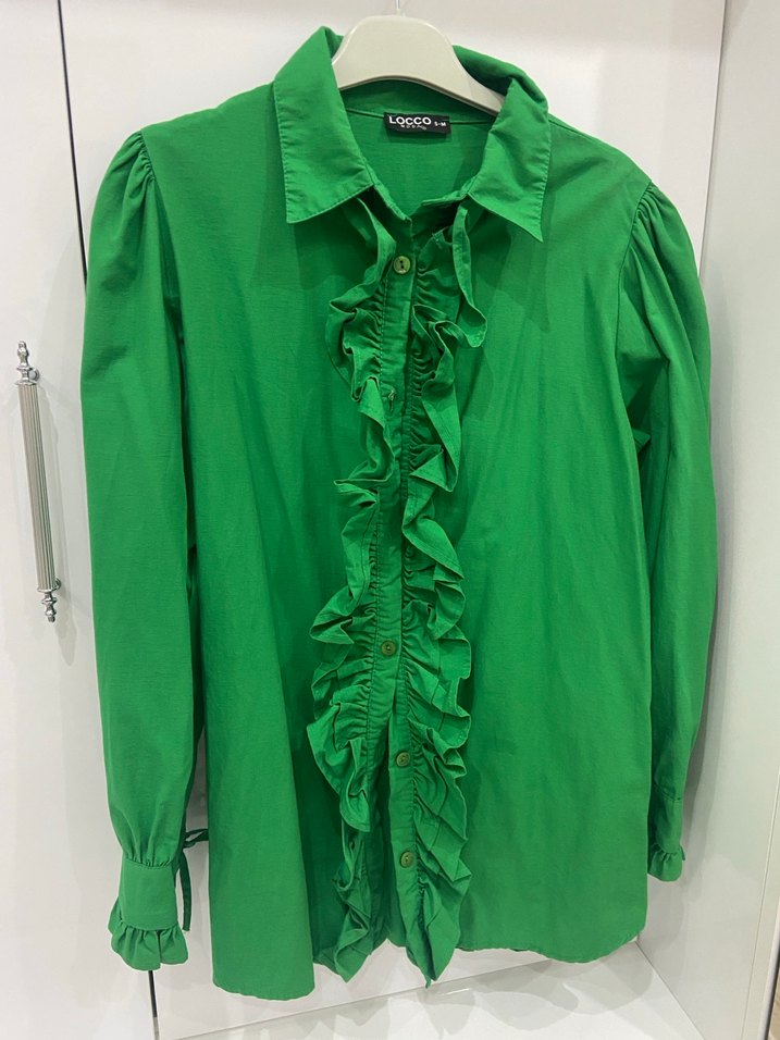 Fırfırlı Yeşil Kadın Keten Gömlek tesettür - Görsel 4