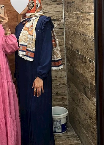 Uzun Kollu Piliseli Mavi Uzun Elbise - Görsel 3