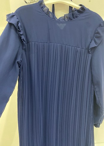 Uzun Kollu Piliseli Mavi Uzun Elbise - Görsel 4