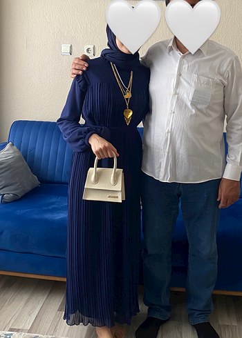 Uzun Kollu Piliseli Mavi Uzun Elbise - Görsel 2