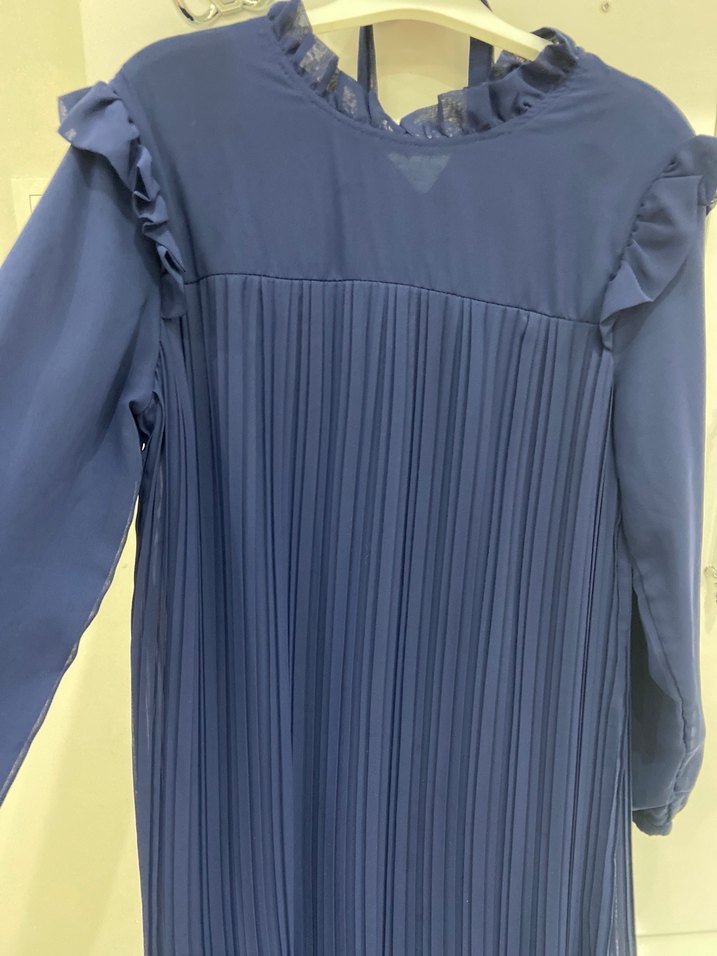 Uzun Kollu Piliseli Mavi Uzun Elbise - Görsel 4