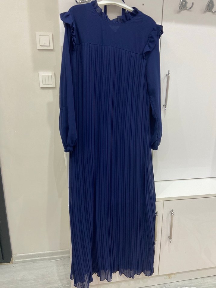 Uzun Kollu Piliseli Mavi Uzun Elbise - Görsel 5