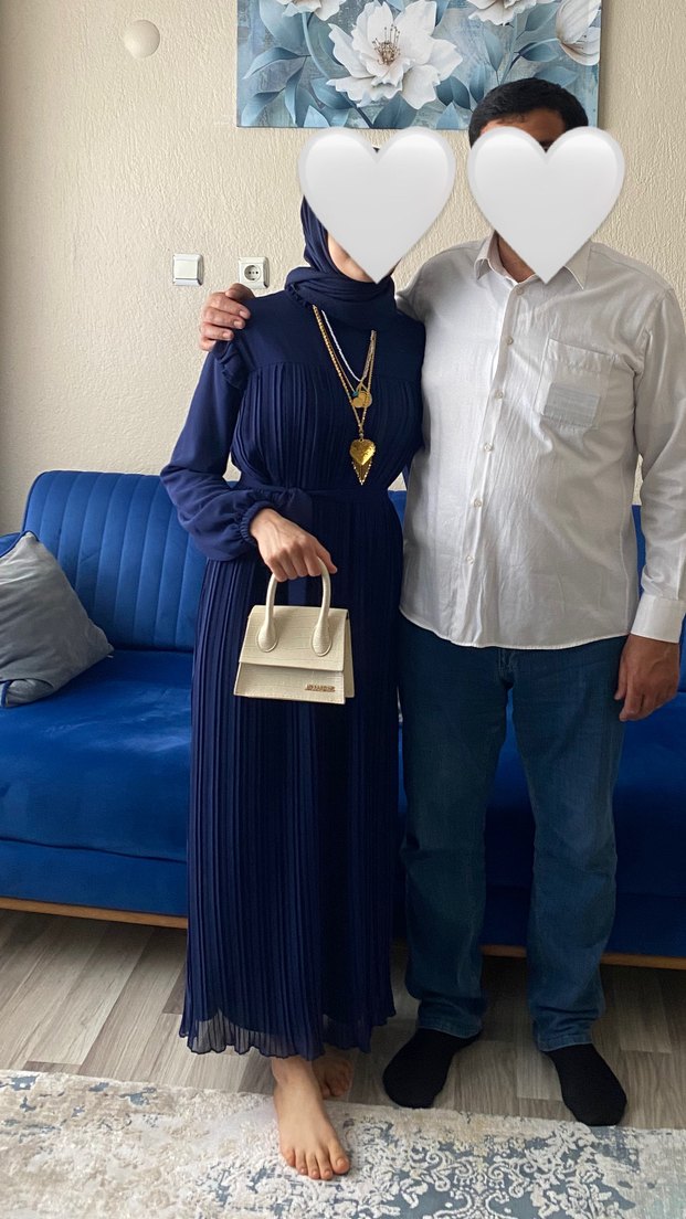 Uzun Kollu Piliseli Mavi Uzun Elbise - Görsel 2