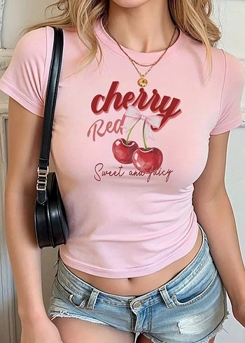 Pastel Pembe Mini Baskılı Kadın Tişört