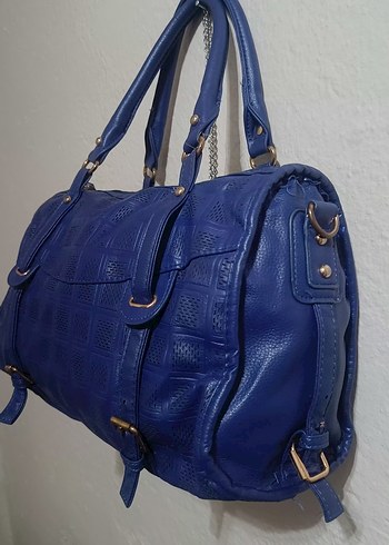 saks mavisi özel desenli geniş çanta - Görsel 3