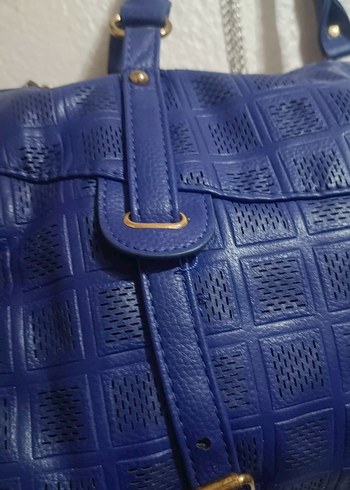 saks mavisi özel desenli geniş çanta - Görsel 5