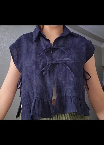 Navy Bağcıklı Kolsuz Gömlek - Görsel 2