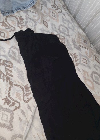 Siyah Bol Kesim Keten Kumaş Kadın Pantolon - Görsel 2