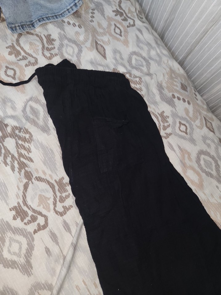 Siyah Bol Kesim Keten Kumaş Kadın Pantolon - Görsel 2