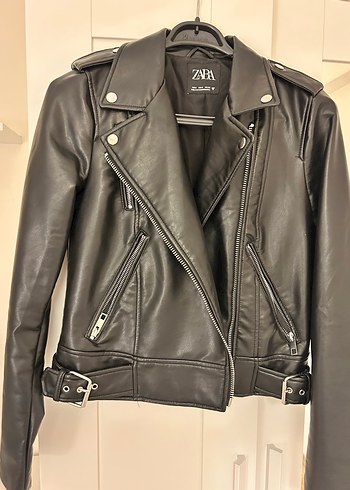 Kadın Siyah Kemerli Deri Biker Ceket - Görsel 2