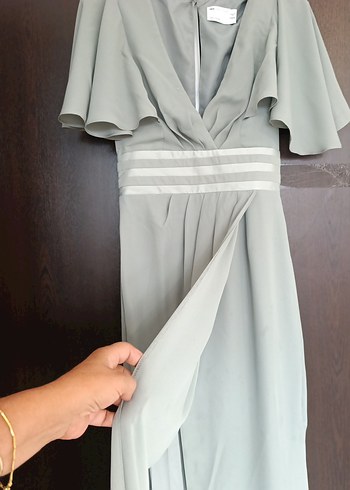 Yeşil Uzun V Yaka Drapeli Kadın Abiye Elbise - Görsel 4