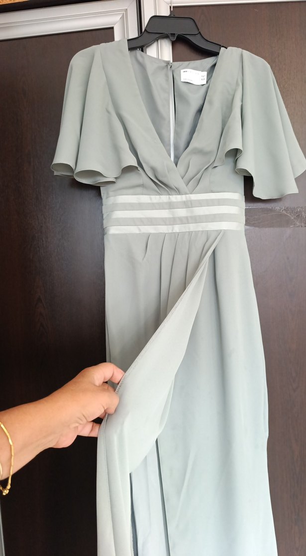 Yeşil Uzun V Yaka Drapeli Kadın Abiye Elbise - Görsel 4