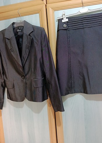 Klasik koyu gri Kadın ceket etek takım - Görsel 5