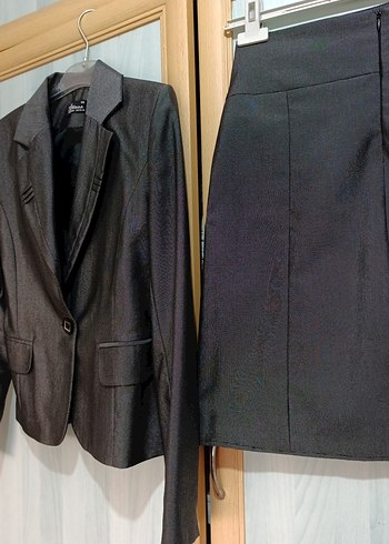 Klasik koyu gri Kadın ceket etek takım - Görsel 6
