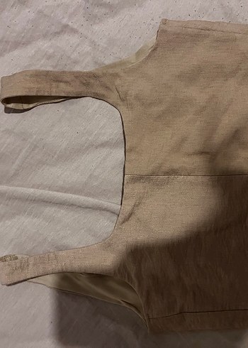 Bej Keten Fermuarlı Kadın Crop - Görsel 2