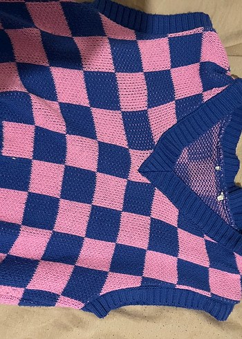 Pembe Lacivert Kareli Örgü Süveter - Görsel 2