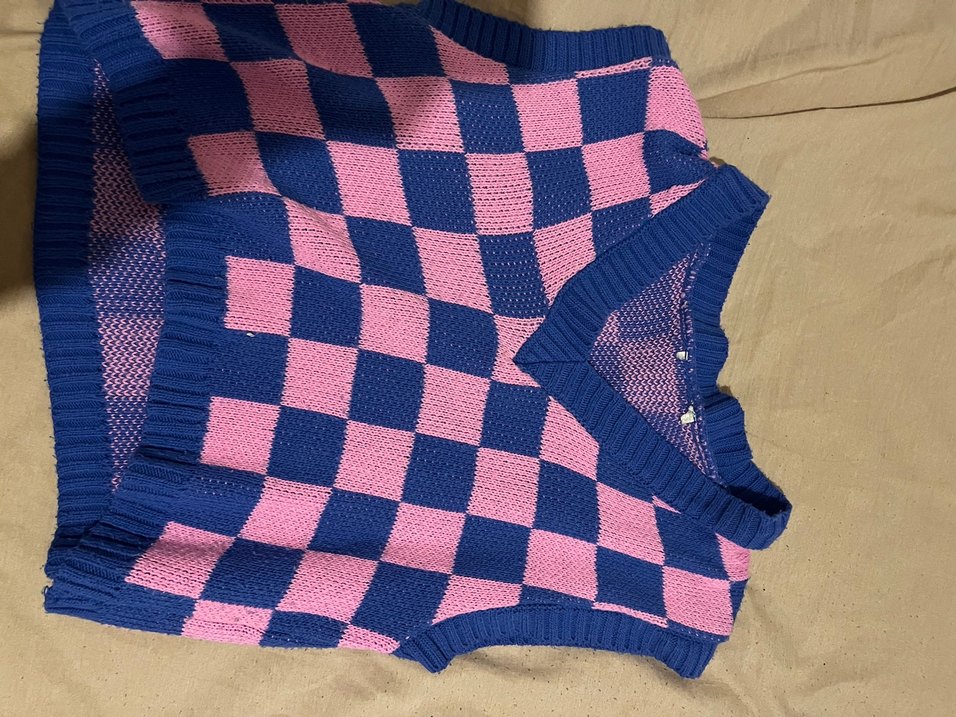 Pembe Lacivert Kareli Örgü Süveter - Görsel 2