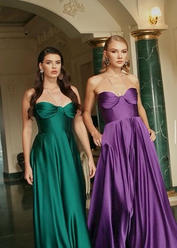 Carmen Parlak Mor Straplez Uzun Abiye Elbise - Görsel 10