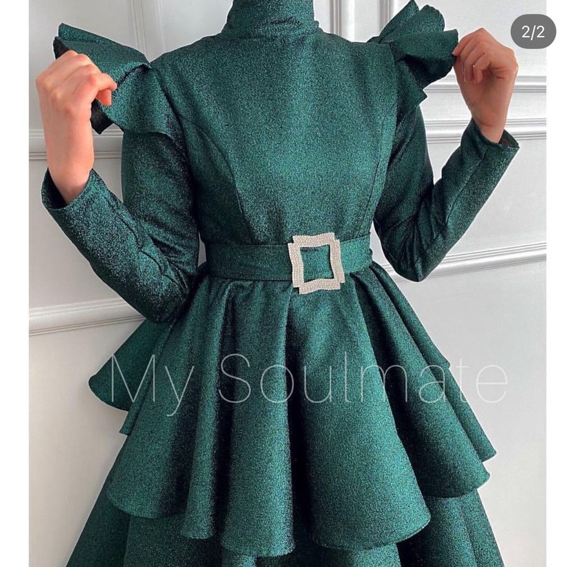 Kadın Uzun Yeşil Fırfırlı Abiye Elbise - Görsel 2