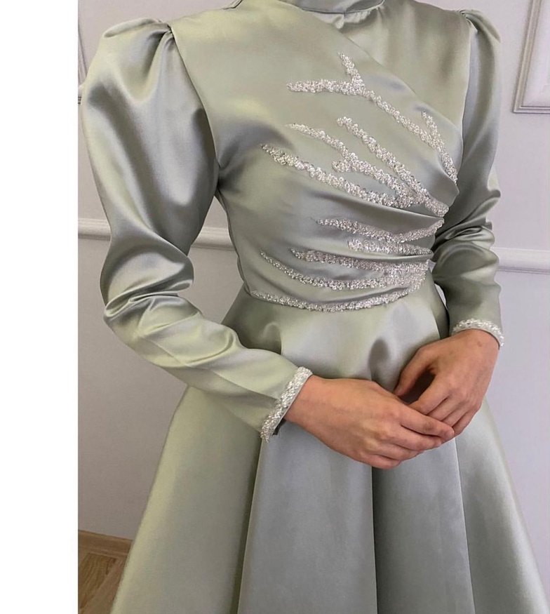 Bej İşlemeli Uzun Kollu Abiye Elbise - Görsel 2