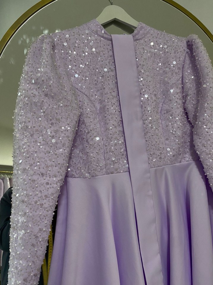 Parlak Mor Uzun Kollu Abiye Elbise - Görsel 2